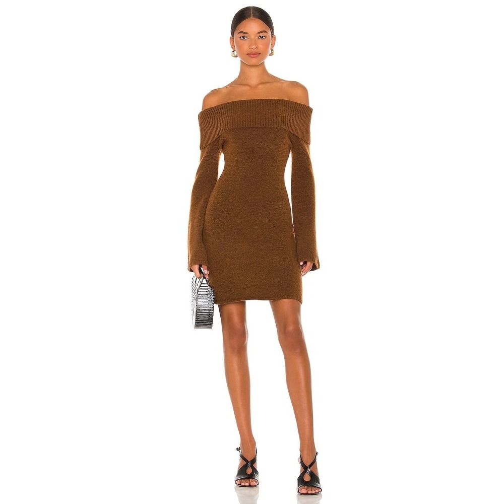 Cult Gaia Sophie Dress XS Brown Earthy Off Shoulder Alpaca Wool Knit Mini Glam
